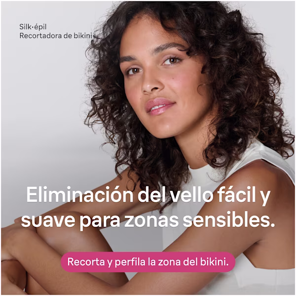 Retrato de estudio de una mujer con el mensaje de Silk·épil Bikini Trimmer: depilación fácil y suave para zonas sensibles Retrato de estudio de una mujer con el mensaje de Silk·épil Bikini Trimmer: depilación fácil y suave para zonas sensibles