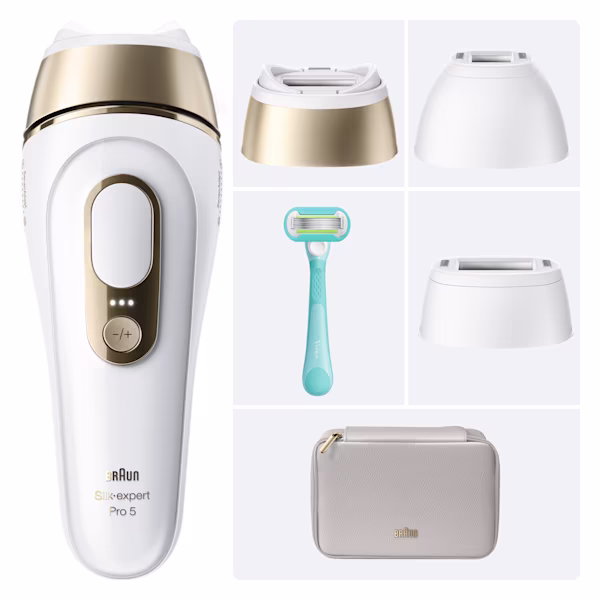 Silk·expert Pro 5, funda beige, diferentes cabezales, maquinilla Venus y vista frontal del embalaje sobre un fondo blanco. Silk·expert Pro 5, funda beige, diferentes cabezales, maquinilla Venus y vista frontal del embalaje sobre un fondo blanco.