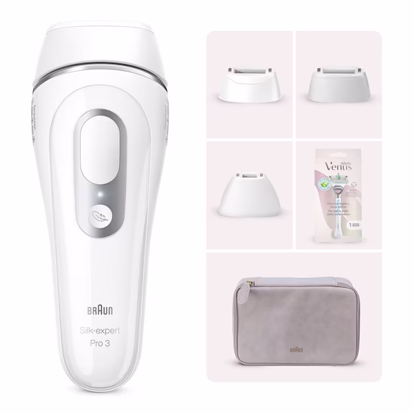 Una depiladora Braun Silk-expert Pro 3 blanca y plateada con tres accesorios de precisión y un estuche gris, junto con una maquinilla Gillette Venus para mujer. Una depiladora Braun Silk-expert Pro 3 blanca y plateada con tres accesorios de precisión y un estuche gris, junto con una maquinilla Gillette Venus para mujer.