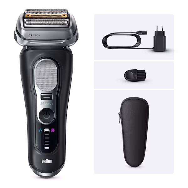 Afeitadora Braun Series 9 PRO+ 9600s con estuche de viaje y base de carga.