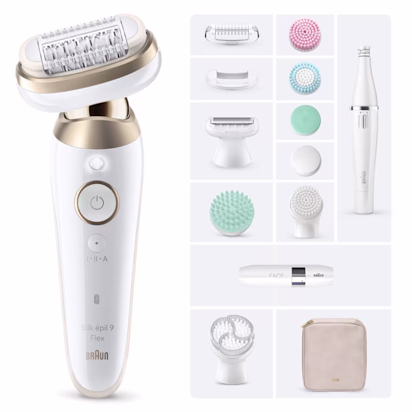 Silk-épil 9 Flex with pouch, exfoliation brush, shaver head, body trimmer, face epilator, massage pad and Packaging behind renderings. Silk-épil 9 Flex with pouch, exfoliation brush, shaver head, body trimmer, face epilator, massage pad and Packaging behind renderings.