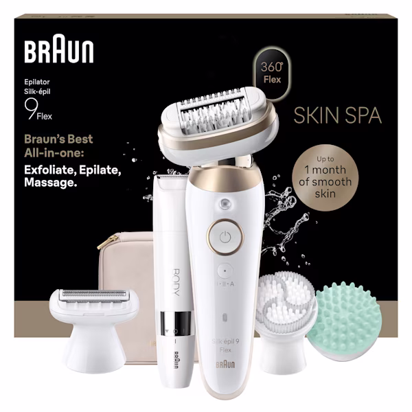 Silk·épil 9 Flex con funda, cepillo de exfoliación, cabezal de rasurado, recortadora corporal, depiladora facial, almohadilla de masaje y embalaje detrás de todos ellos. Silk·épil 9 Flex con funda, cepillo de exfoliación, cabezal de rasurado, recortadora corporal, depiladora facial, almohadilla de masaje y embalaje detrás de todos ellos.