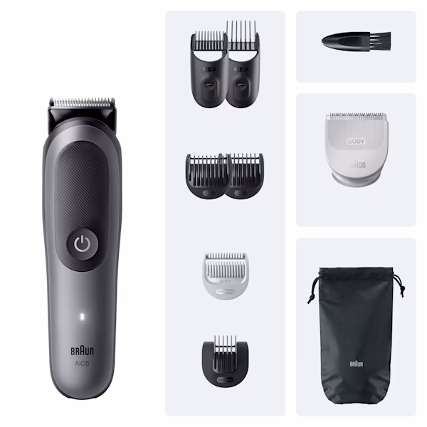 Diferentes herramientas y accesorios que forman parte de la recortadora todo en uno Braun 5 Diferentes herramientas y accesorios que forman parte de la recortadora todo en uno Braun 5