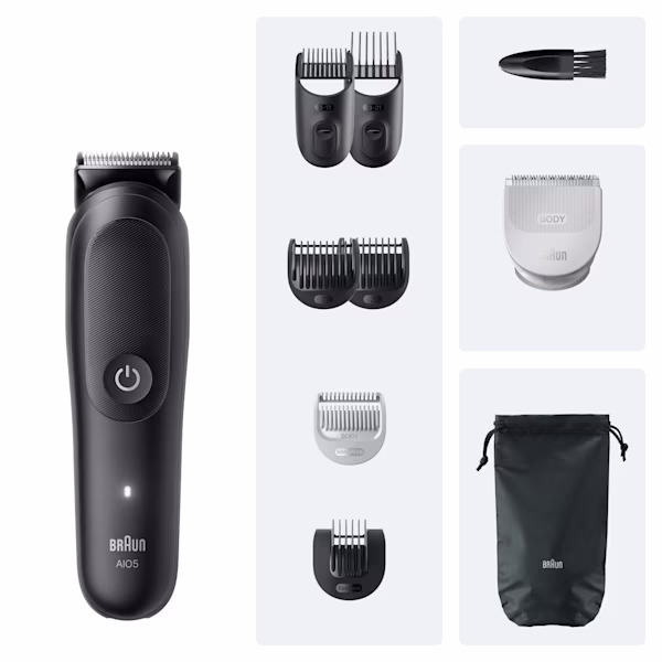 Diferentes herramientas y accesorios que forman parte de la recortadora todo en uno Braun 5 Diferentes herramientas y accesorios que forman parte de la recortadora todo en uno Braun 5