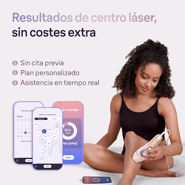 Dos manos agarrando el producto IPL y un accesorio para colocar en el dispositivo. A su alrededor se muestran otros tres accesorios. La app móvil Skin i·expert reconoce de qué accesorio se trata Dos manos agarrando el producto IPL y un accesorio para colocar en el dispositivo. A su alrededor se muestran otros tres accesorios. La app móvil Skin i·expert reconoce de qué accesorio se trata