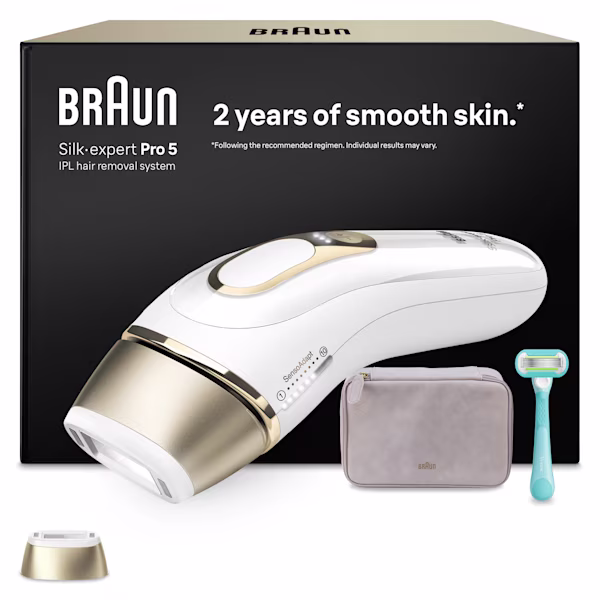 Dispositivo Braun PL5110 junto a todos los accesorios incluidos frente a su embalaje.