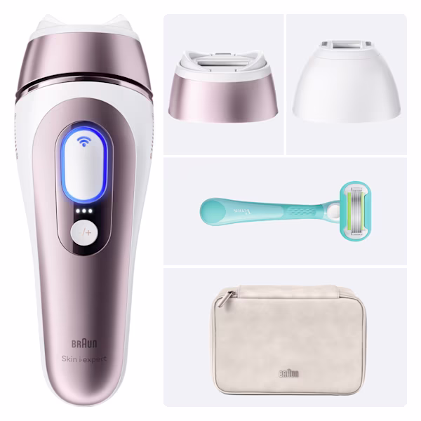 Skin i·expert, funda beige, diferentes cabezales, maquinilla Venus y vista frontal del embalaje sobre un fondo blanco. Skin i·expert, funda beige, diferentes cabezales, maquinilla Venus y vista frontal del embalaje sobre un fondo blanco.