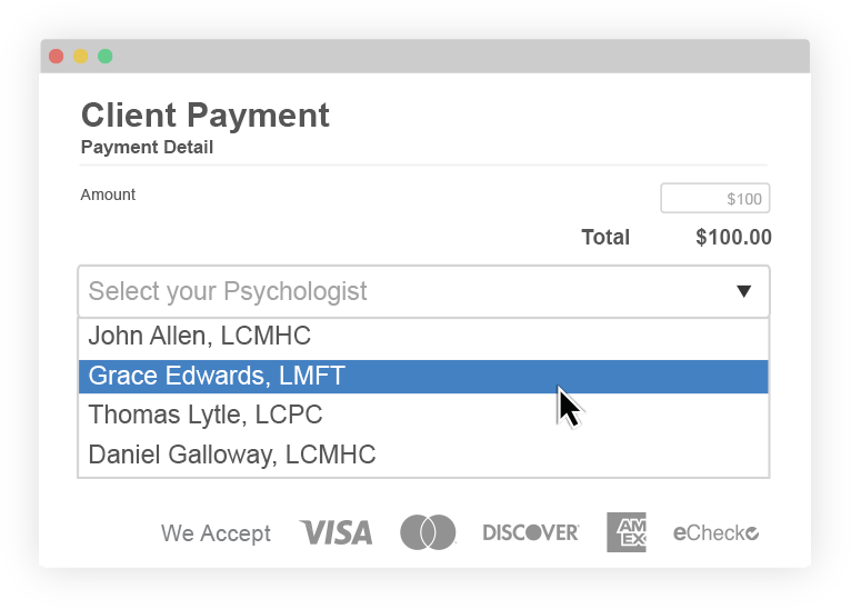 A user selecting a specific psychologist from a dropdown of multiple psychologists in the client payment menu