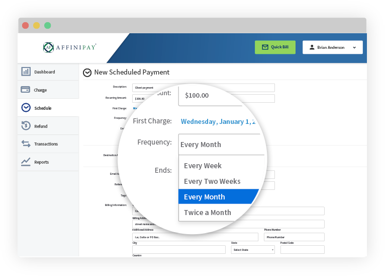 The New Scheduled Payment page in the AffiniPay Dashboard. It has multiple options for frequency of recurring payments.