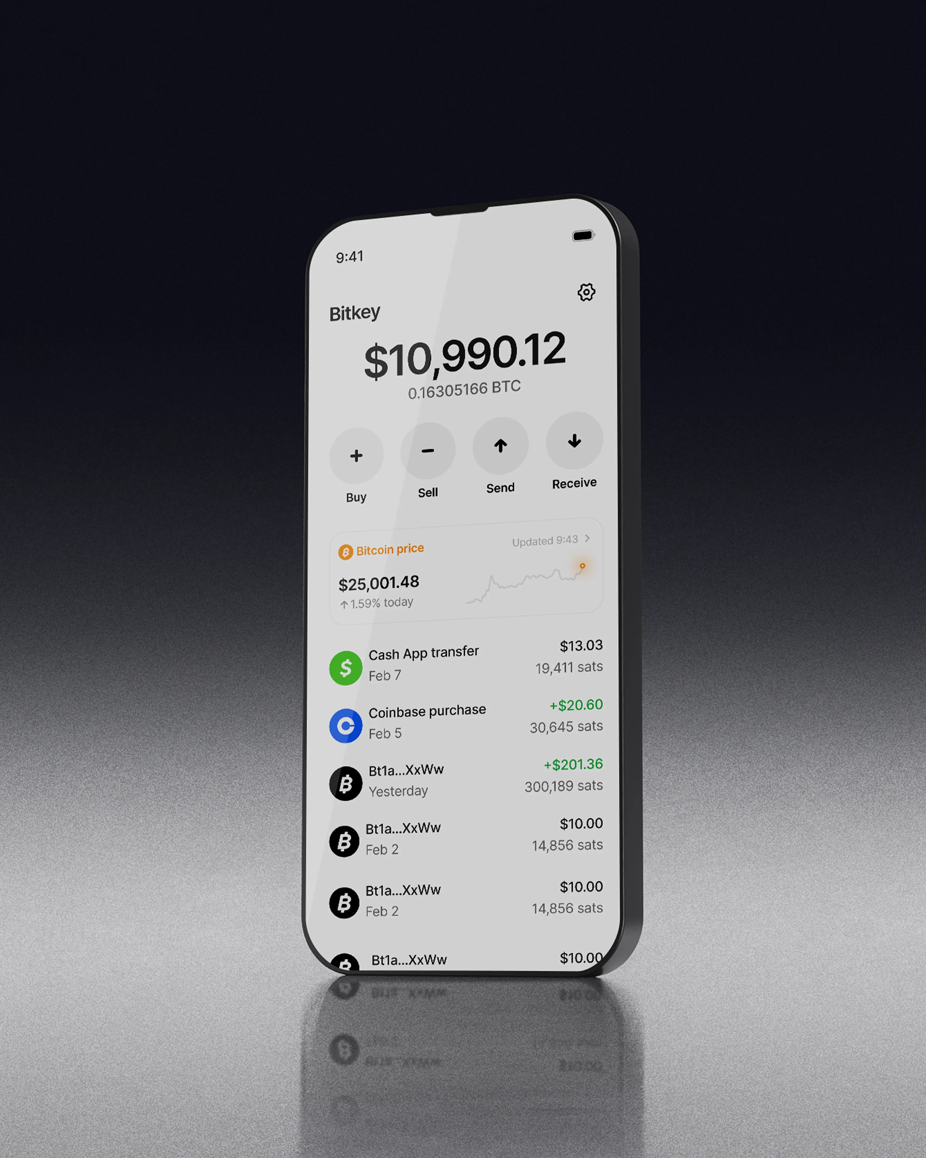 A smart phone showing the Bitkey app with current balance, live bitcoin price, and transfer history