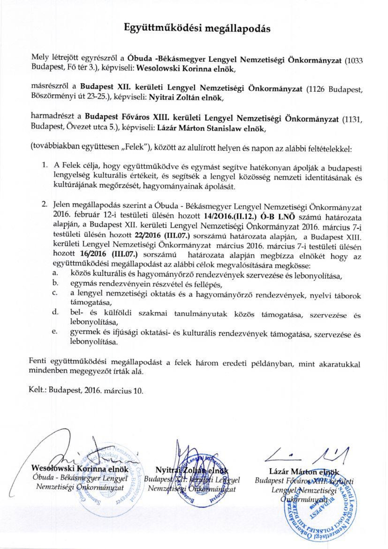 Budapest XIII; XII; és III. Lengyel Nemzetiségi Önkormányzatok partnerszerződése