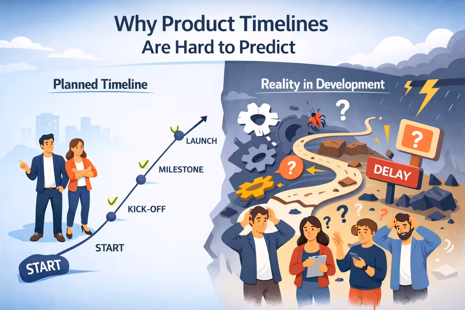 A visual comparison of planned vs real software development timelines, highlighting delays, uncertainty, and hidden complexity. Perfect for articles on product development planning and timeline estimation.