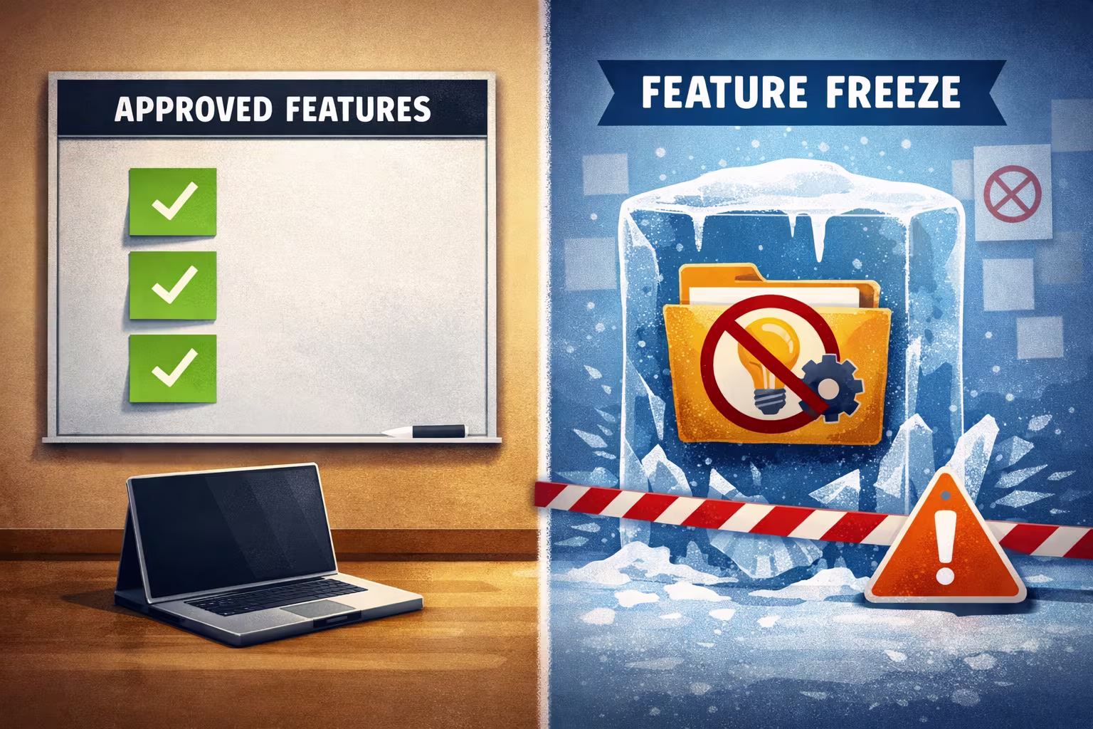 Illustration showing approved features on one side and a feature freeze on the other, highlighting the importance of stopping scope changes before QA, testing, and release preparation.
