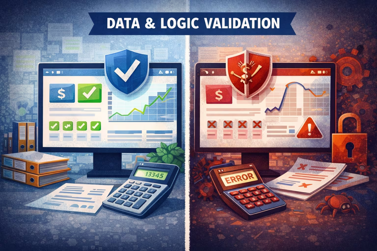 Illustration comparing correct and incorrect data and logic validation, highlighting the importance of accurate calculations, permissions, and reliable business rules before release.