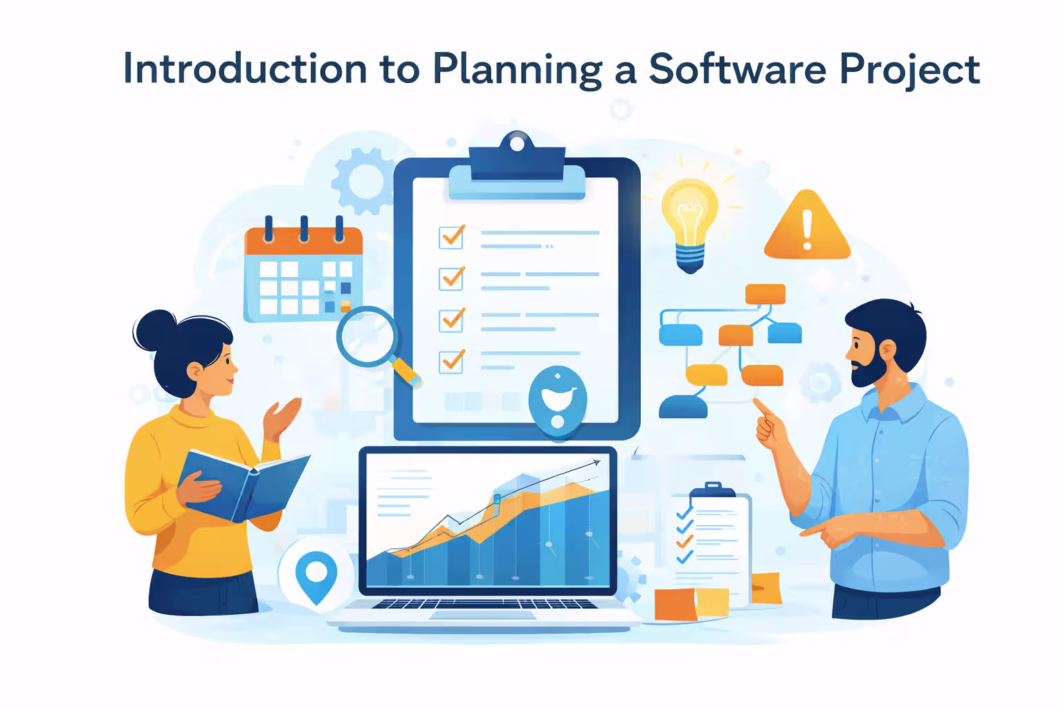 Illustration showing how teams plan a software project by defining scope, phases, risks, and key decisions to reduce uncertainty and support confident delivery.