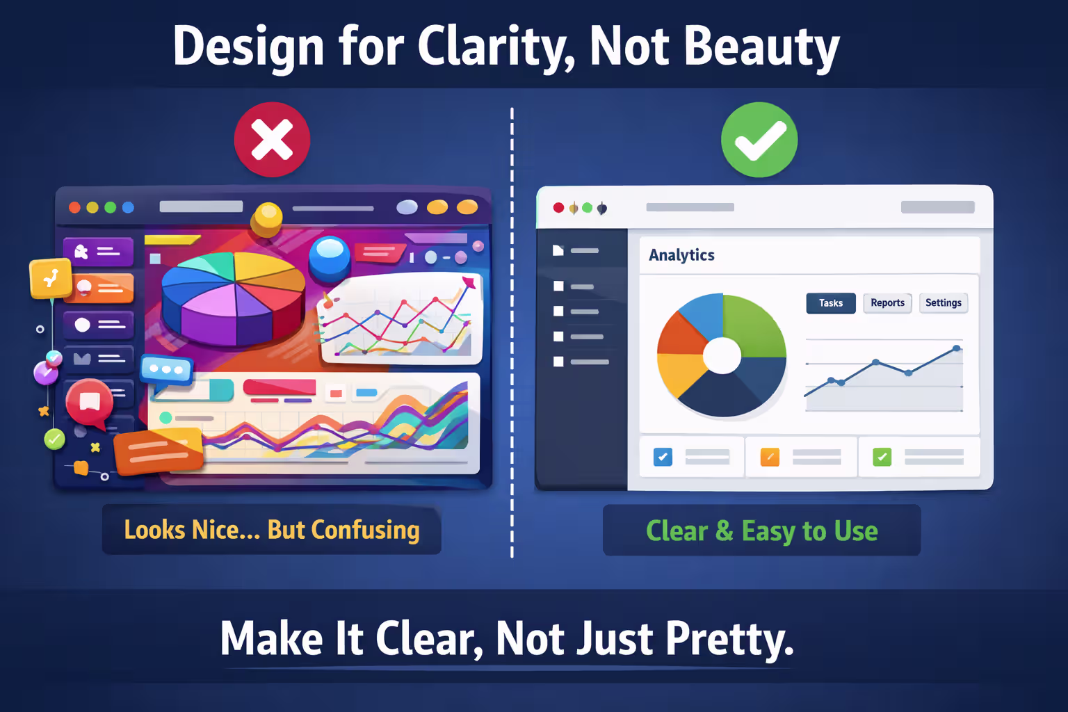 Side-by-side illustration comparing a visually complex, cluttered software interface with a clean, structured design that prioritizes clarity, usability, and intuitive user flows.