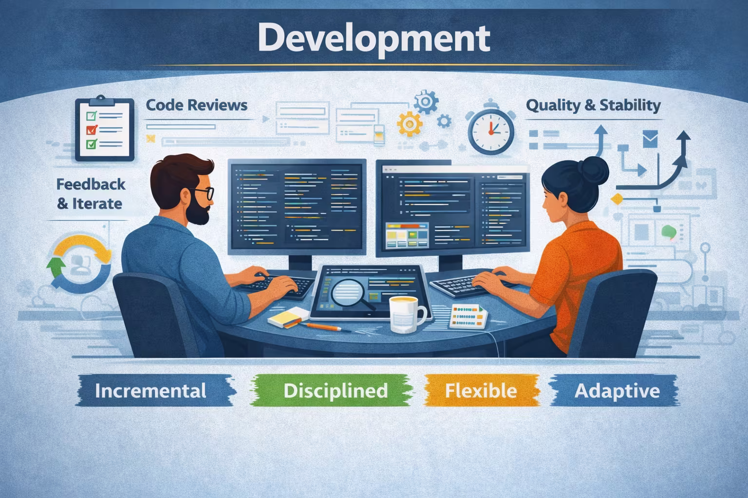 Illustration showing the development phase of the software development life cycle, where engineers build features iteratively, perform code reviews, incorporate feedback, and focus on quality and stability.