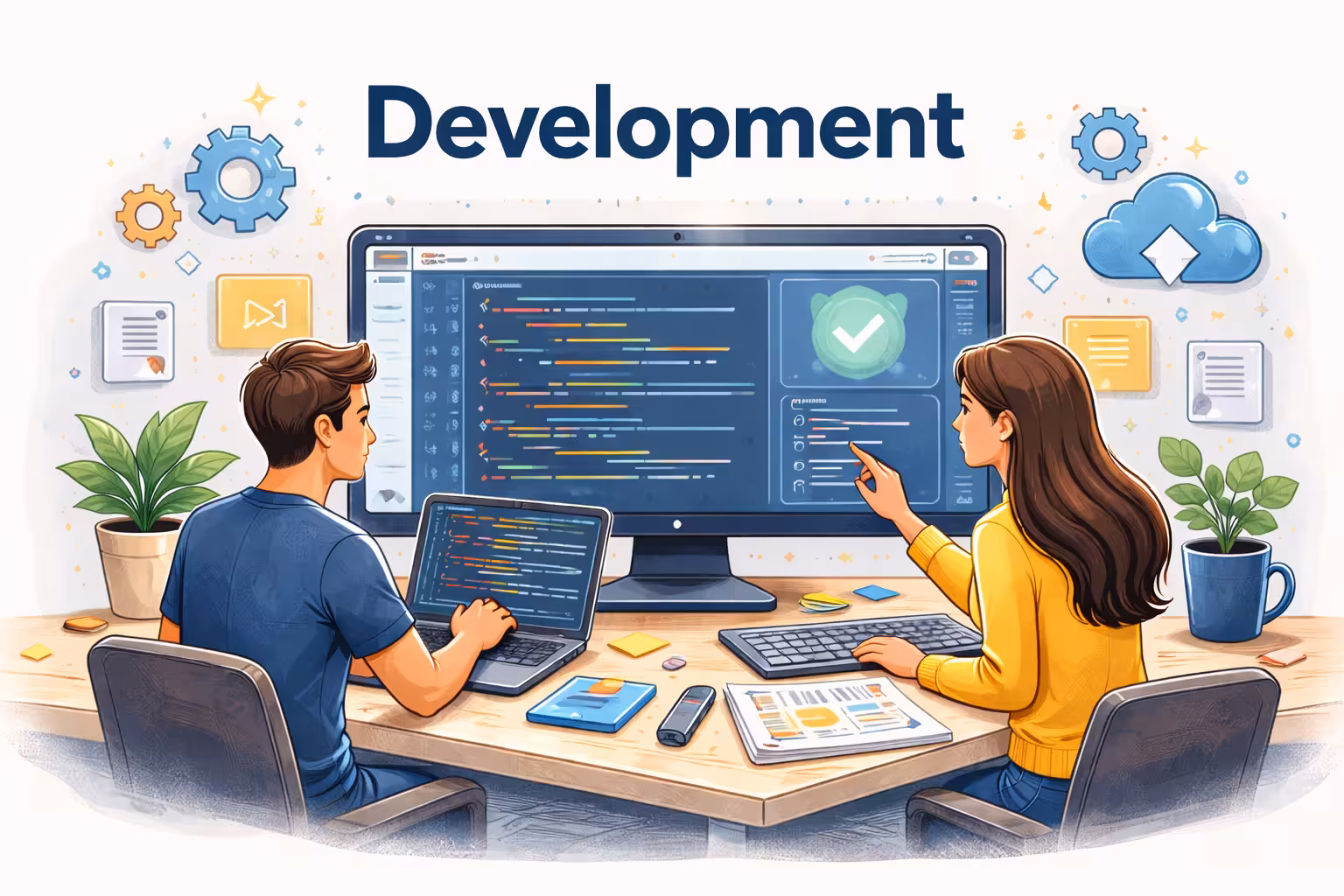 Illustration of the Development phase in the new product development process, showing software engineers writing code, collaborating on implementation, and building digital product features.