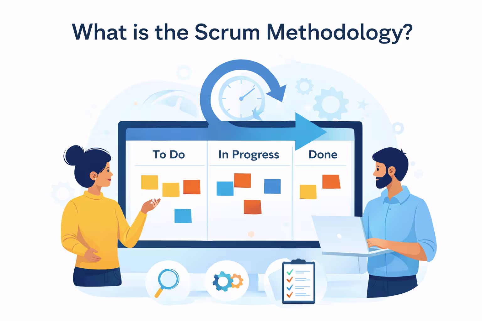Illustration explaining the Scrum methodology, showing how teams organize work using sprints, task boards, and iterative delivery to build complex software.