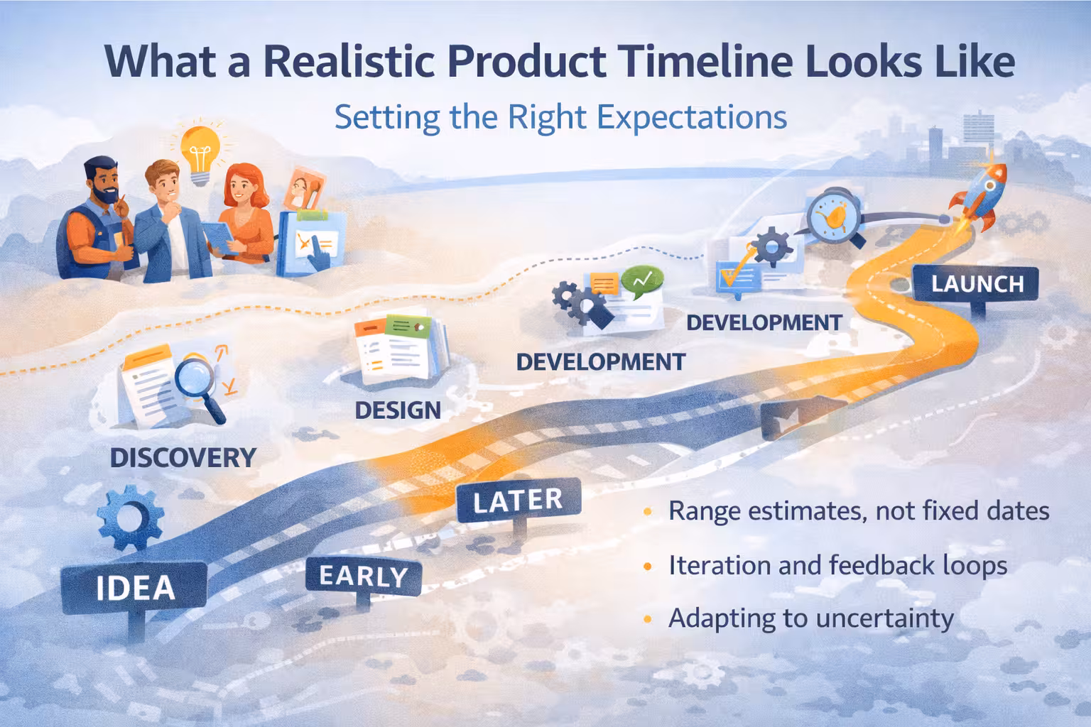 Illustration of a realistic product development timeline, showing discovery, design, development, and launch phases with iterative progress, flexible estimates, and evolving requirements.