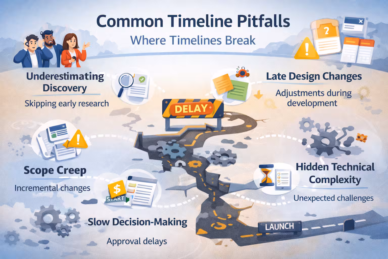 Illustration of common software development timeline pitfalls, including scope creep, delayed decisions, hidden complexity, and underestimated discovery that lead to project delays.