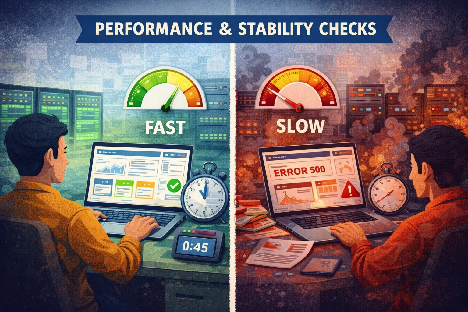 Illustration comparing stable, high-performance software with slow and unstable systems, highlighting the importance of performance and stability checks before product release.