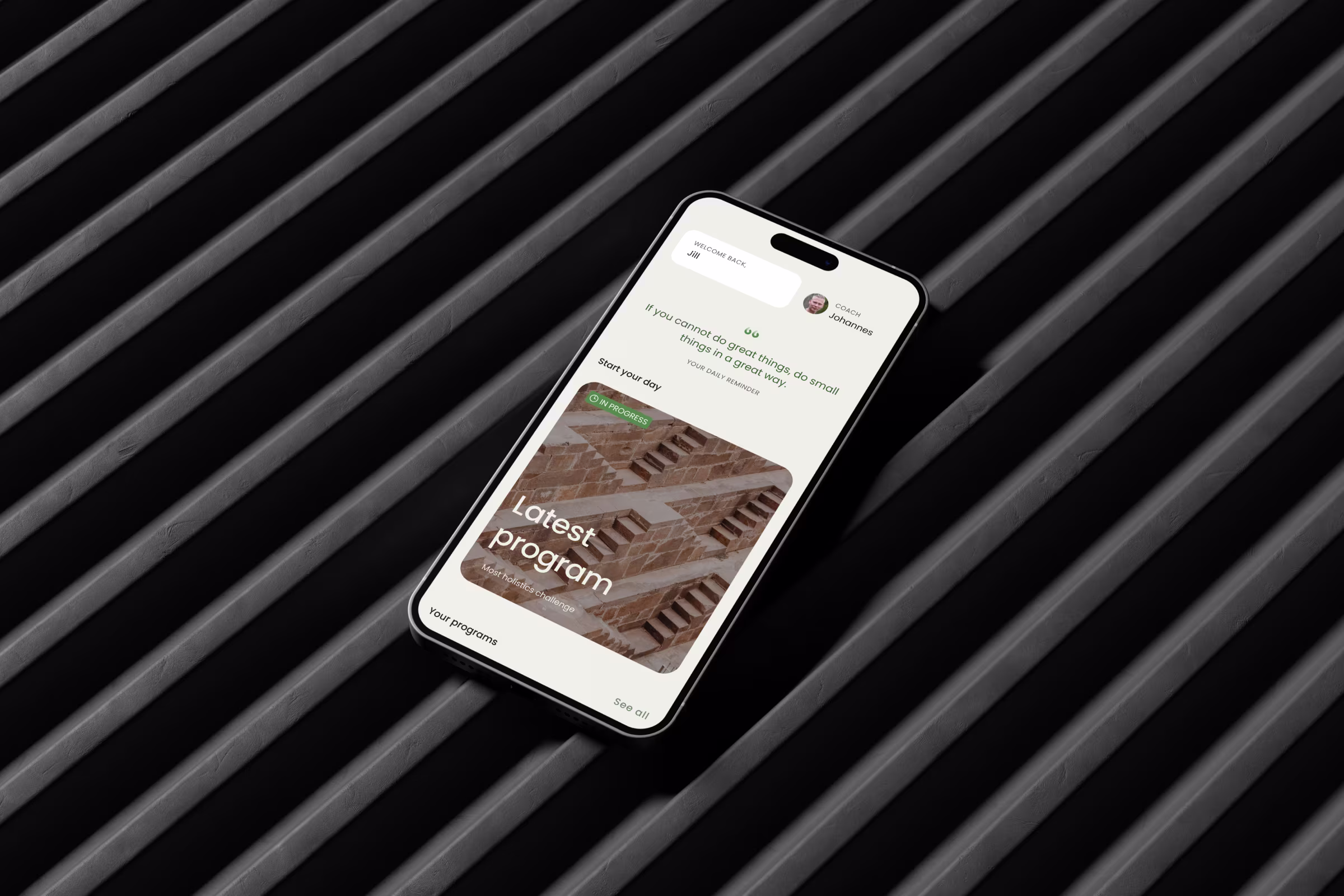Mobile fitness app UI showing workout and nutrition programs like “Interval Days,” “Get Flexy,” and “30 Days Detox.