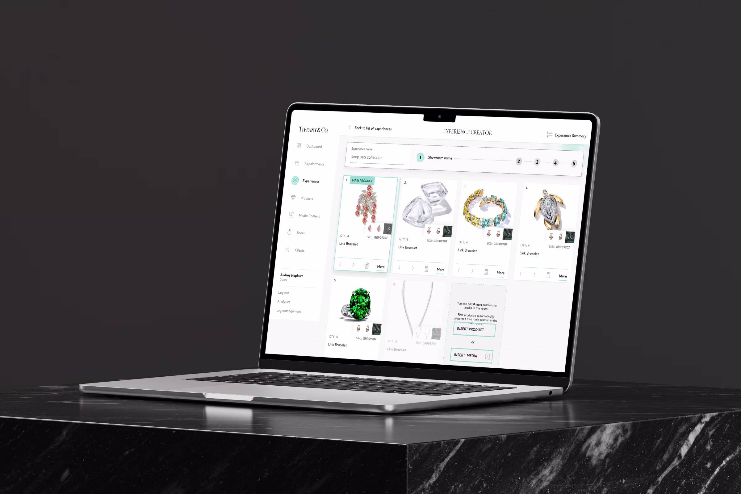 Tiffany & Co. virtual showroom interface with product selection tools for creating a personalized jewelry experience, developed by higroup