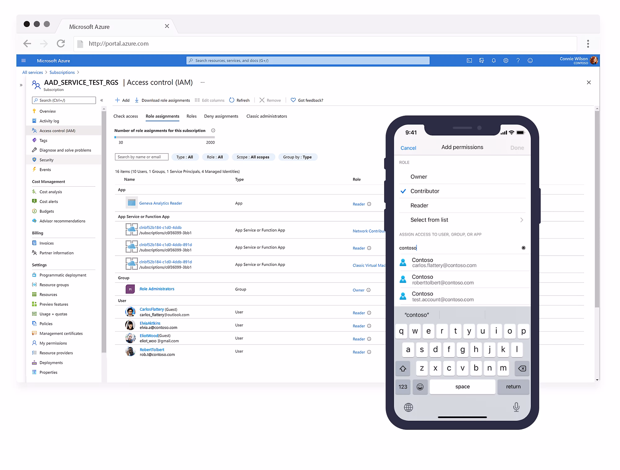 Microsoft Azure Active Directory dashboard showing user access management and identity controls across web and mobile applications.
