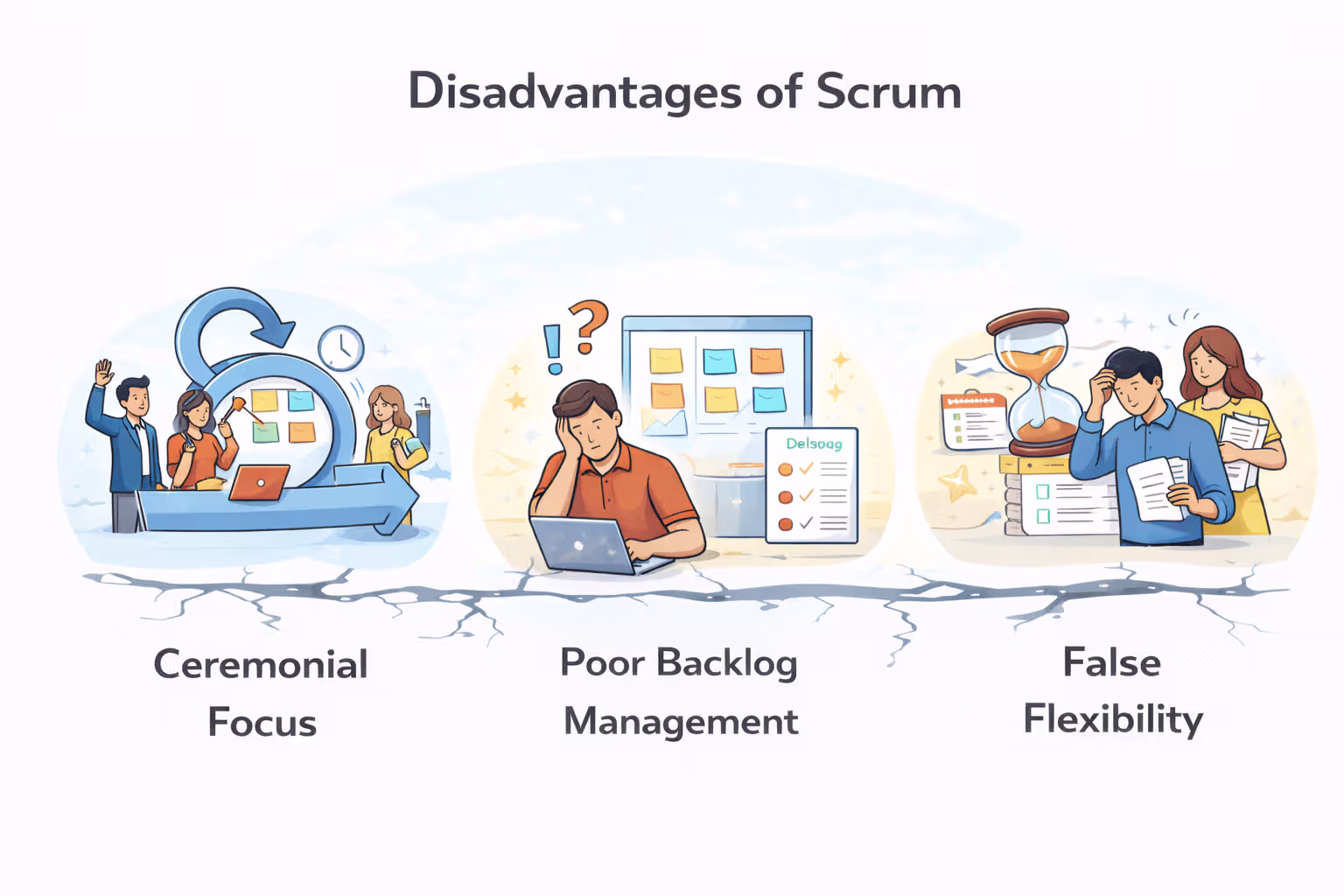 Illustration highlighting common drawbacks of Scrum, including ceremony overload, weak prioritization, blurred accountability, and hidden delivery pressure in fixed-scope environments.