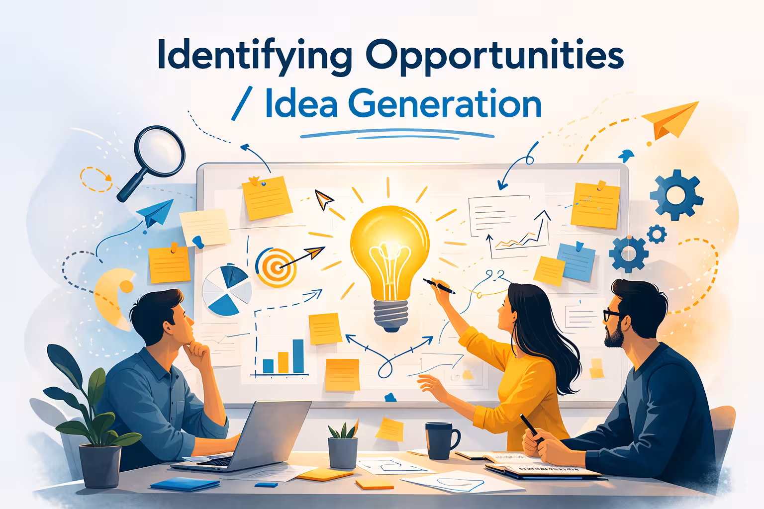 Illustration representing the “Identifying Opportunities / Idea Generation” phase of new product development, where teams brainstorm ideas, analyze market opportunities, and transform insights into potential product concepts.