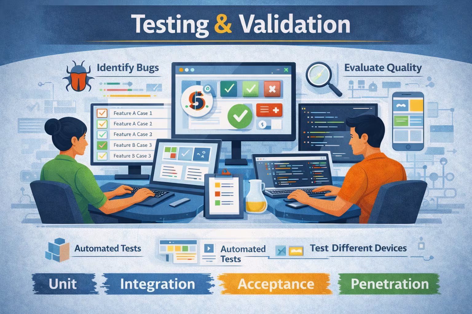Illustration showing the testing and validation phase of the software development life cycle, including automated testing, bug detection, quality evaluation, and multi-device validation before release.