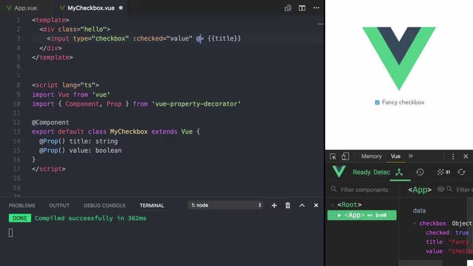 A picture showing vue.js logo wrapped in some code.