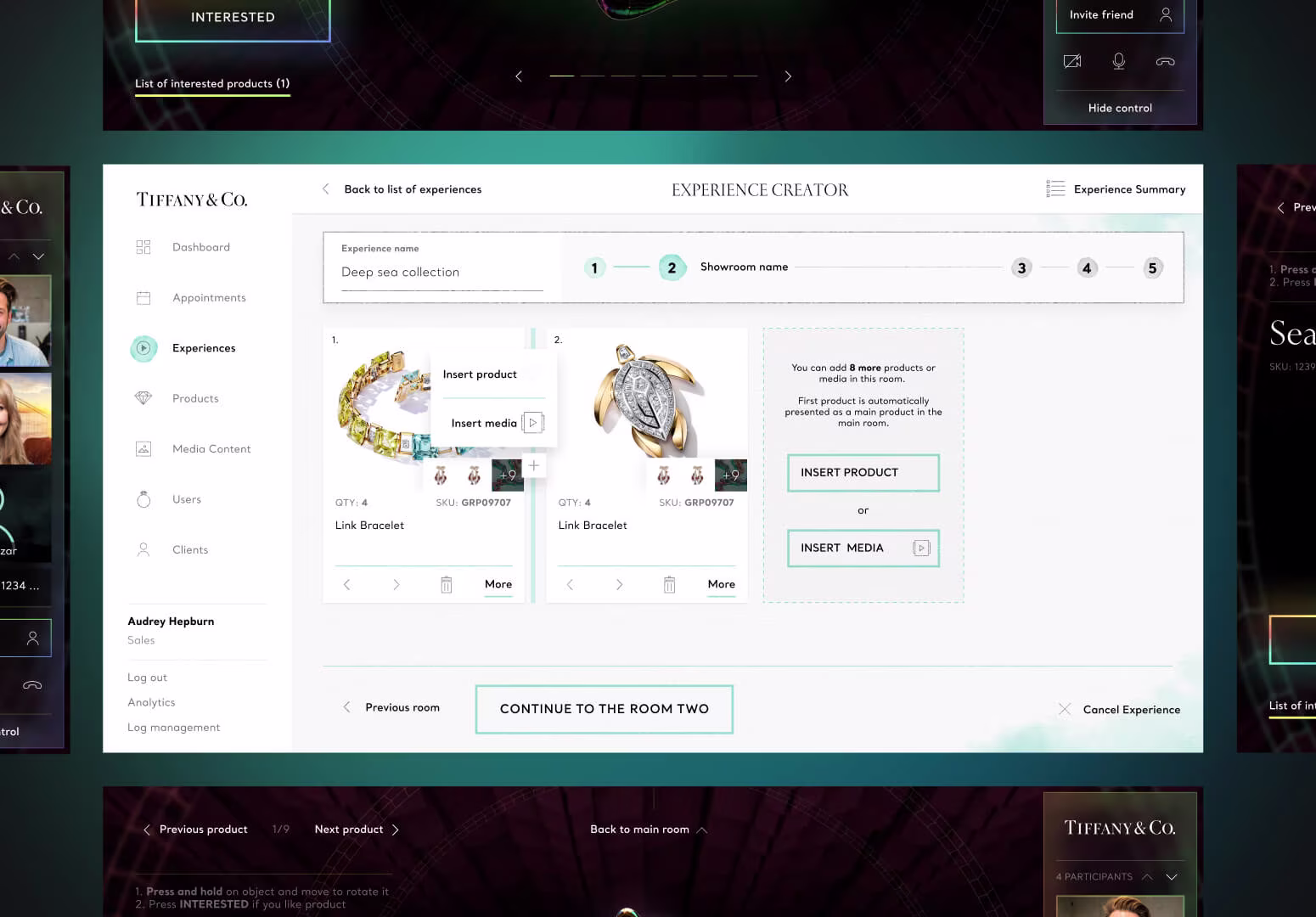 Tiffany & Co. virtual showroom interface with product selection tools for creating a personalized jewelry experience, developed by higroup