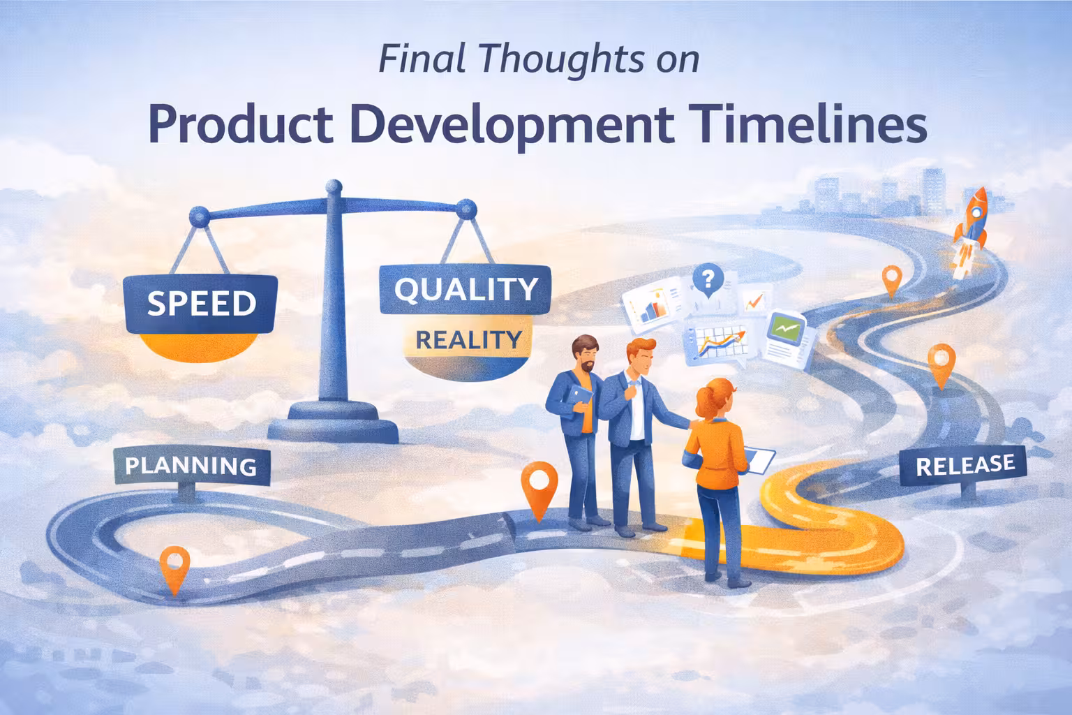 Illustration showing the balance between speed and quality in product development timelines, highlighting flexible planning, decision-making, and adaptive delivery in software projects.