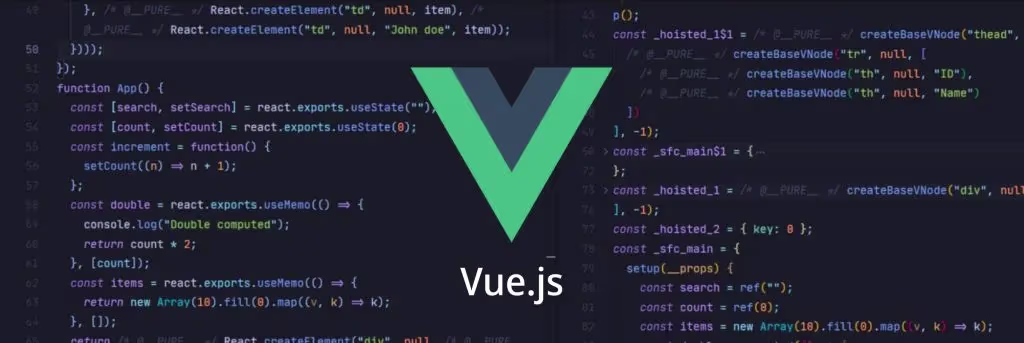 A picture showing a vue.js logo with code in the background