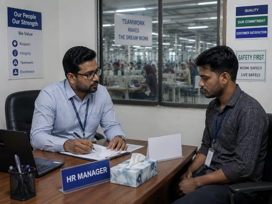 HR manager conducting an employee retention discussion to address workplace challenges of HRM in a Bangladeshi garment factory.