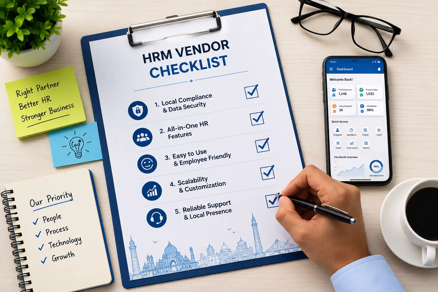 HRM software vendor checklist highlighting payroll, compliance, scalability, data security, and employee management features.