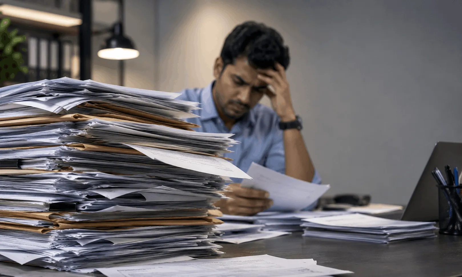 HR manager overwhelmed by manual paperwork, a problem the best recruiting agency in Bangladesh helps eliminate