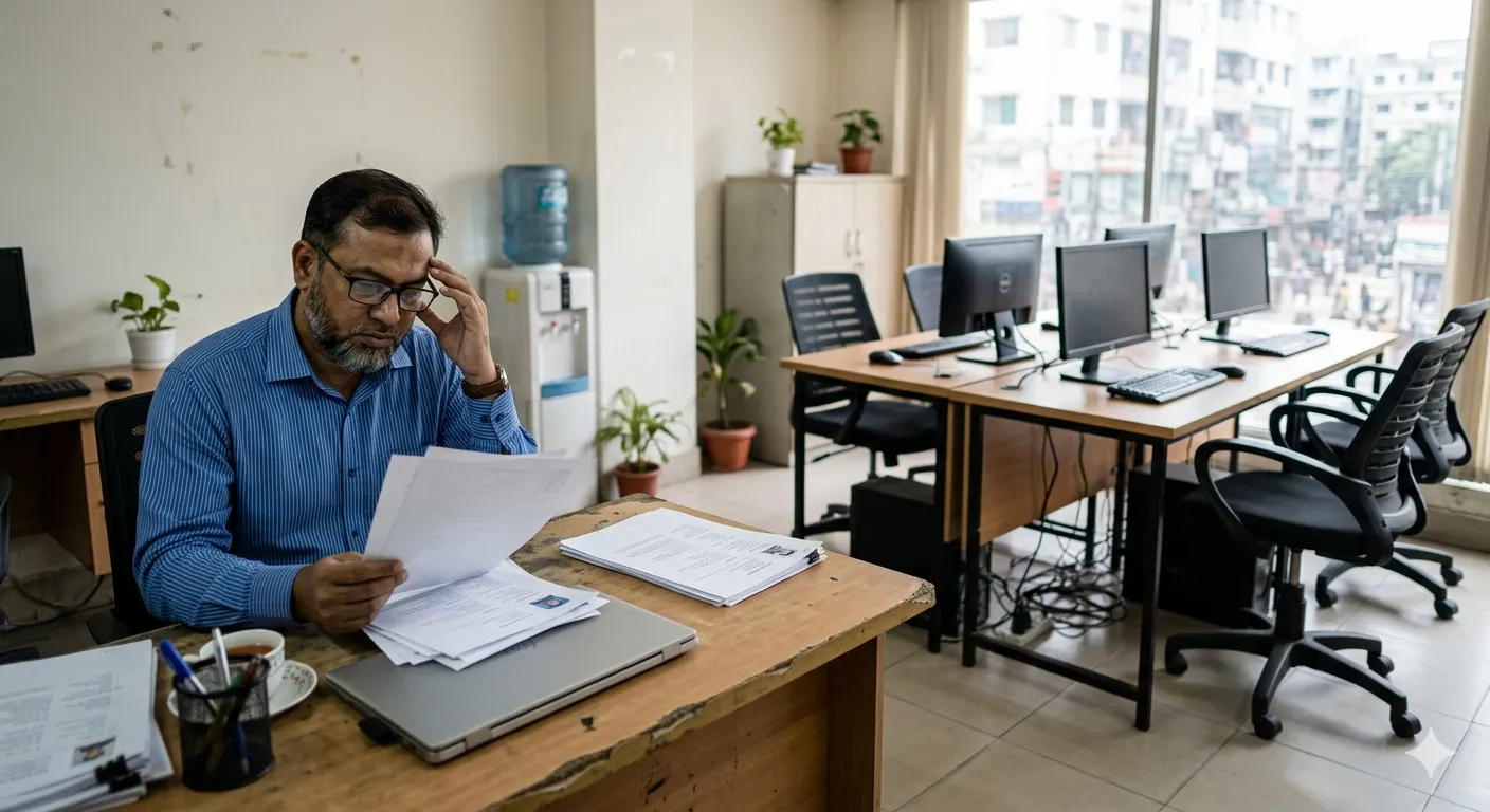 Business owner reviewing job applications manually, highlighting recruitment challenges faced by Bangladeshi SMEs.