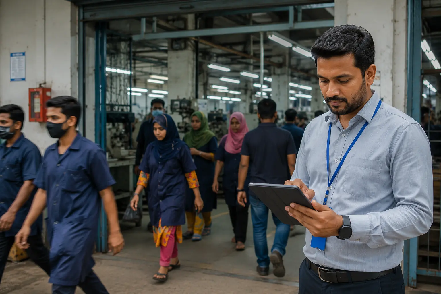 HR manager using HRIS software to track employee attendance and workforce operations in a factory.