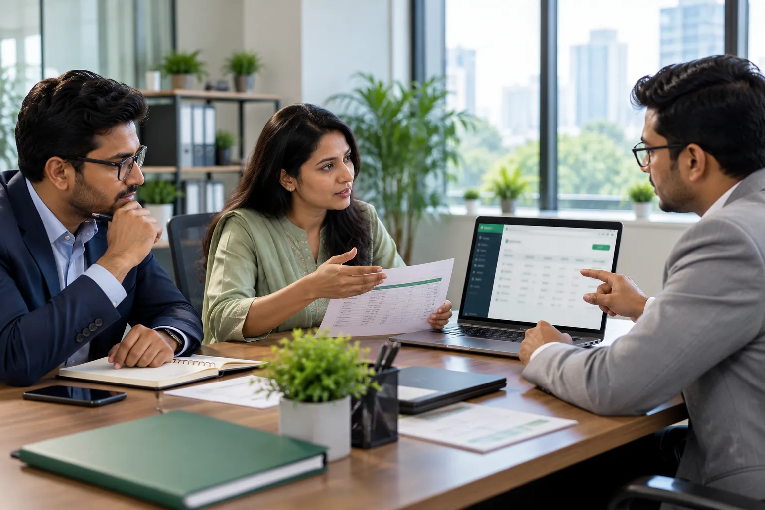 Three colleagues comparing a salary sheet with payroll software while choosing a payroll service in Bangladesh
