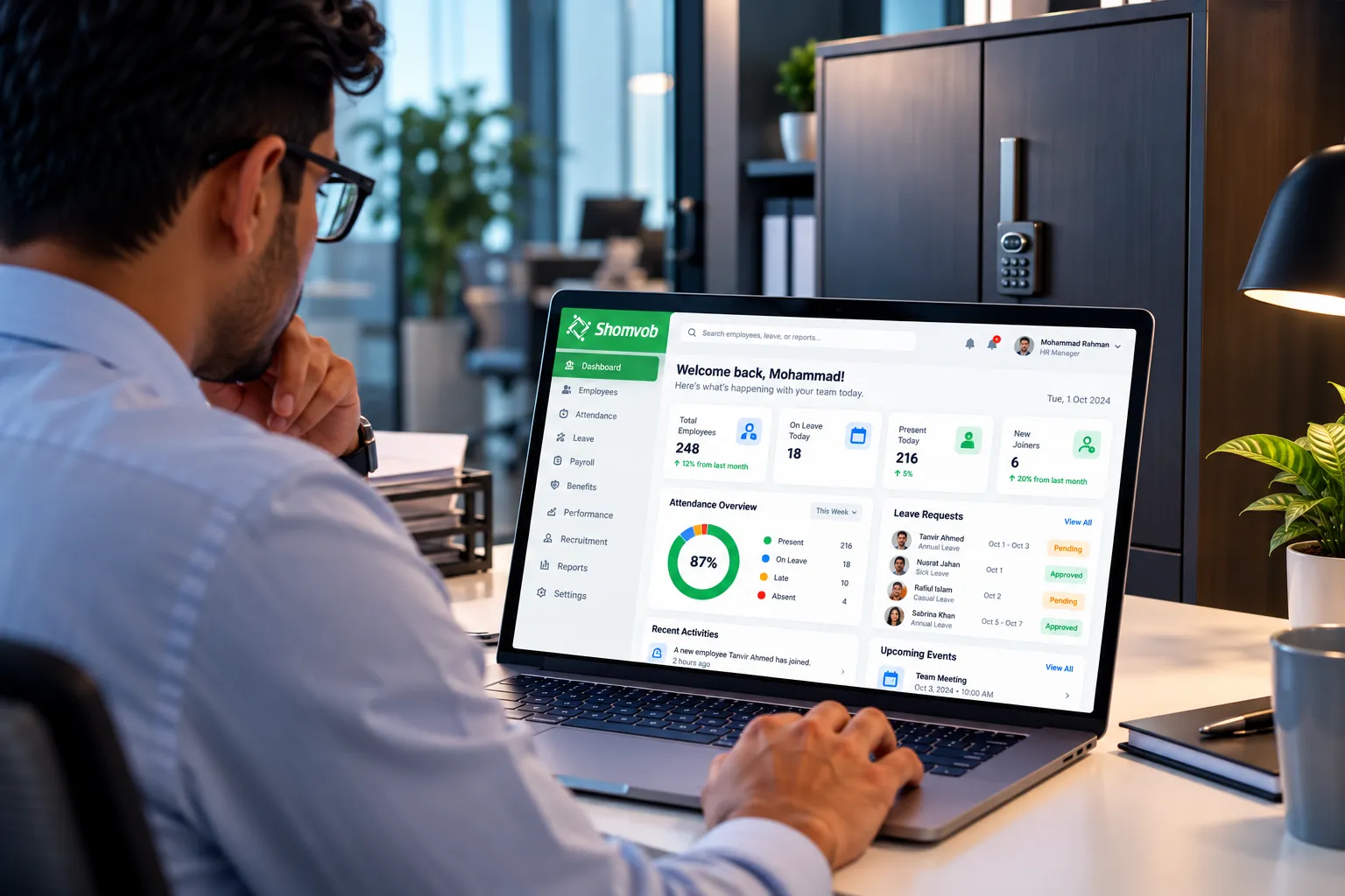 Shomvob HRIS dashboard showing employee headcount, attendance overview, and leave requests