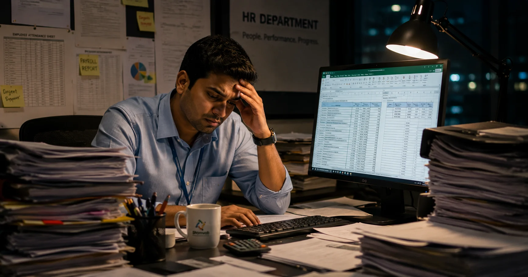 HR professional struggling with manual paperwork and spreadsheets before implementing HRM software.