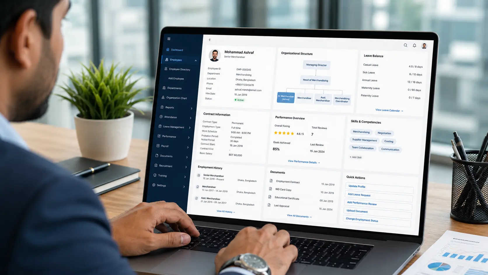 HRIS software dashboard for employee records, payroll, attendance, and leave management.