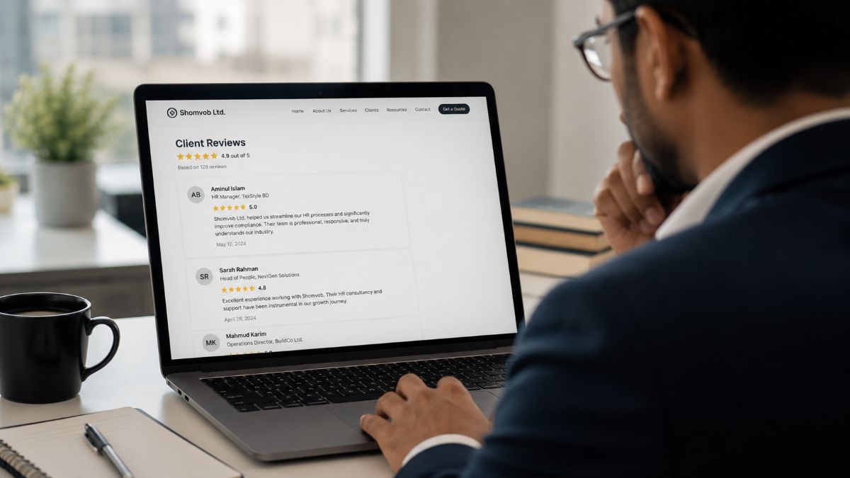A business owner reviewing testimonials before selecting an HR solutions consultancy.