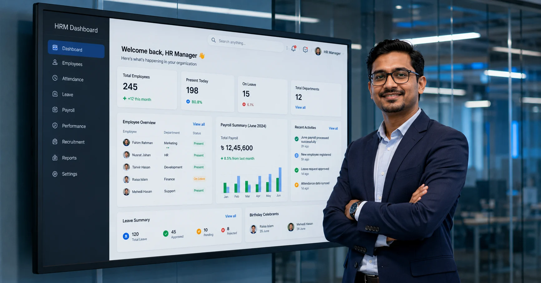 Business executive standing beside a digital HRM dashboard displaying employee records, payroll, attendance, and HR analytics.