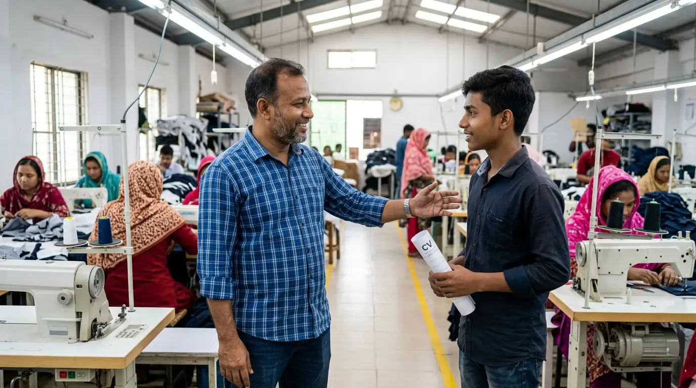 Factory manager interviewing a job candidate on the production floor during an informal recruitment process.