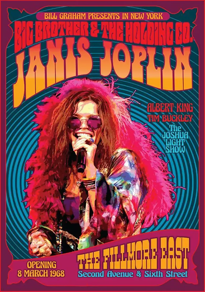 Vintažinis Janis Joplin koncerto plakatas – vintažinis koncerto plakatas | Framein