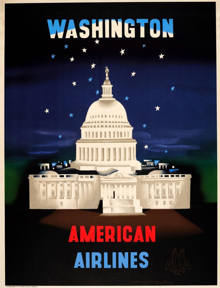 Vintažinis kelionių plakatas American Airlines Washington – vintažinis kelionių plakatas | Framein